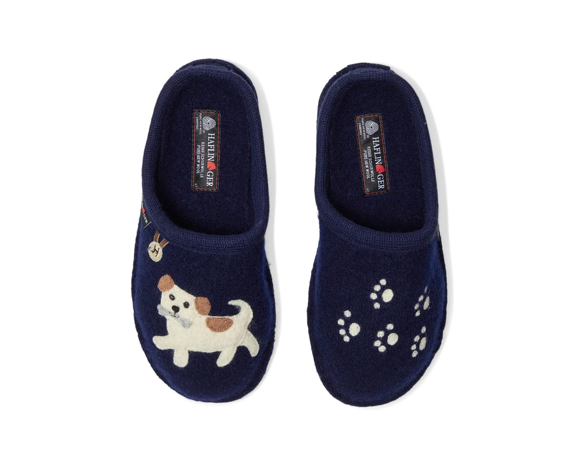 Unisex Haflinger Fido blue slippers with dog applique and paw-print details