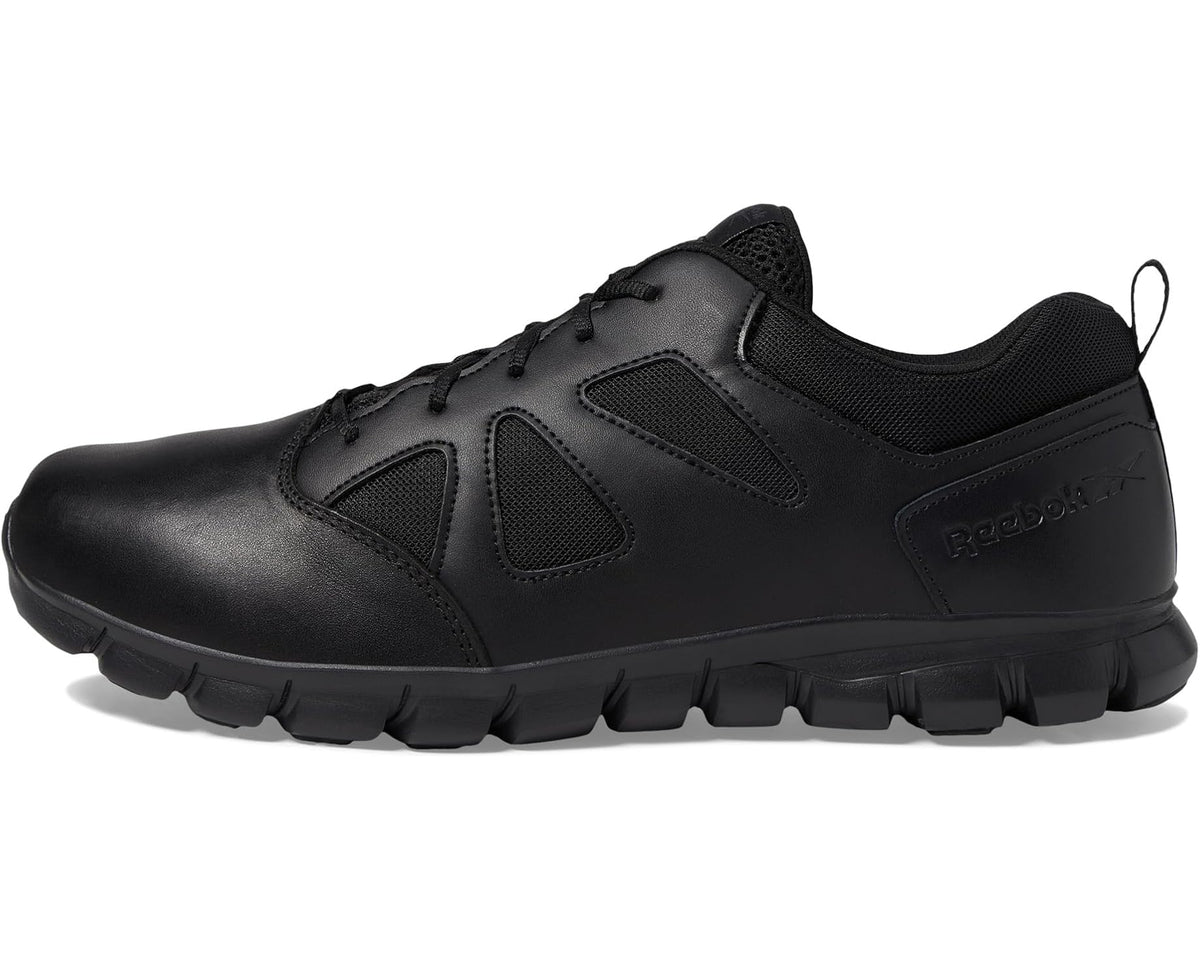 Black lace-up work shoes with molded toe panels and breathable side mesh