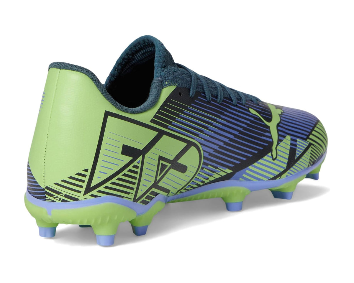 PUMA men's soccer cleats, heel view with large neon green side panel and blue studs