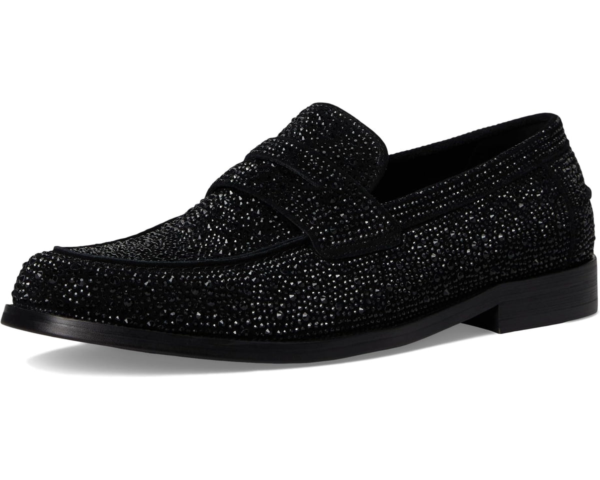 Men's Steve Madden black rhinestone slip-on loafers front three-quarter view
