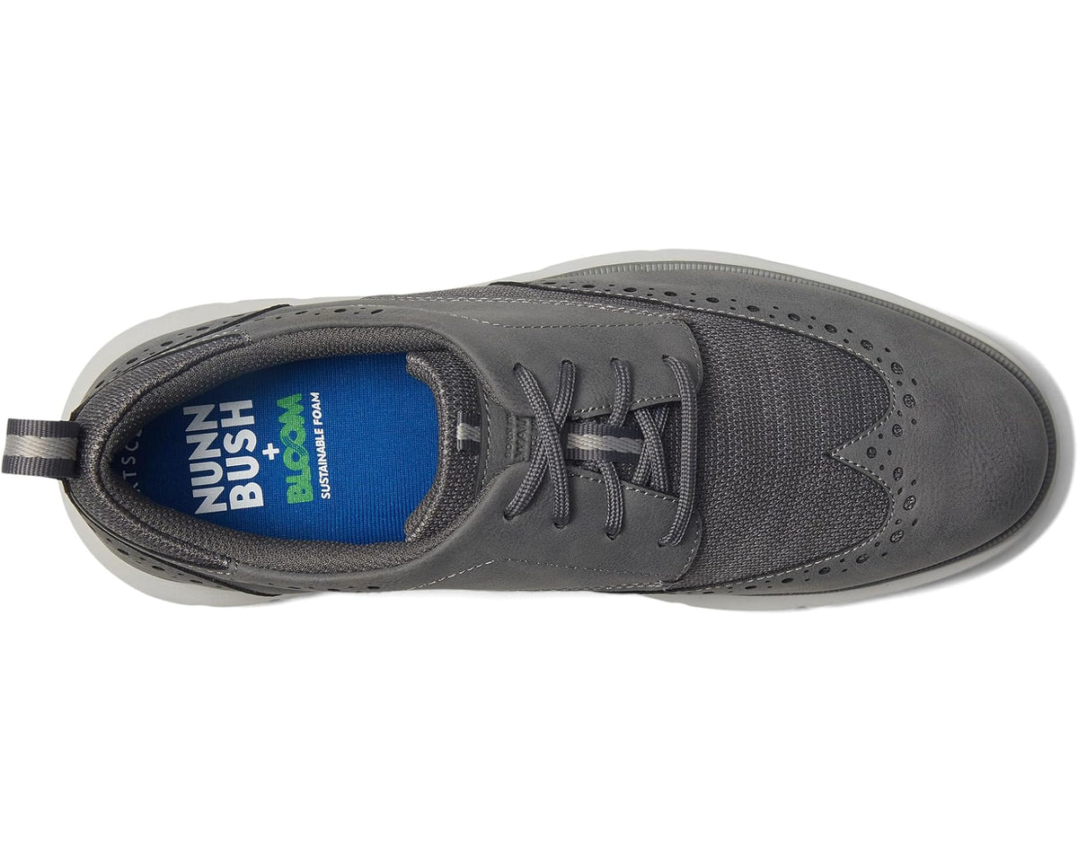 Gray lace-up sneaker with perforated toe and blue logo in sockliner