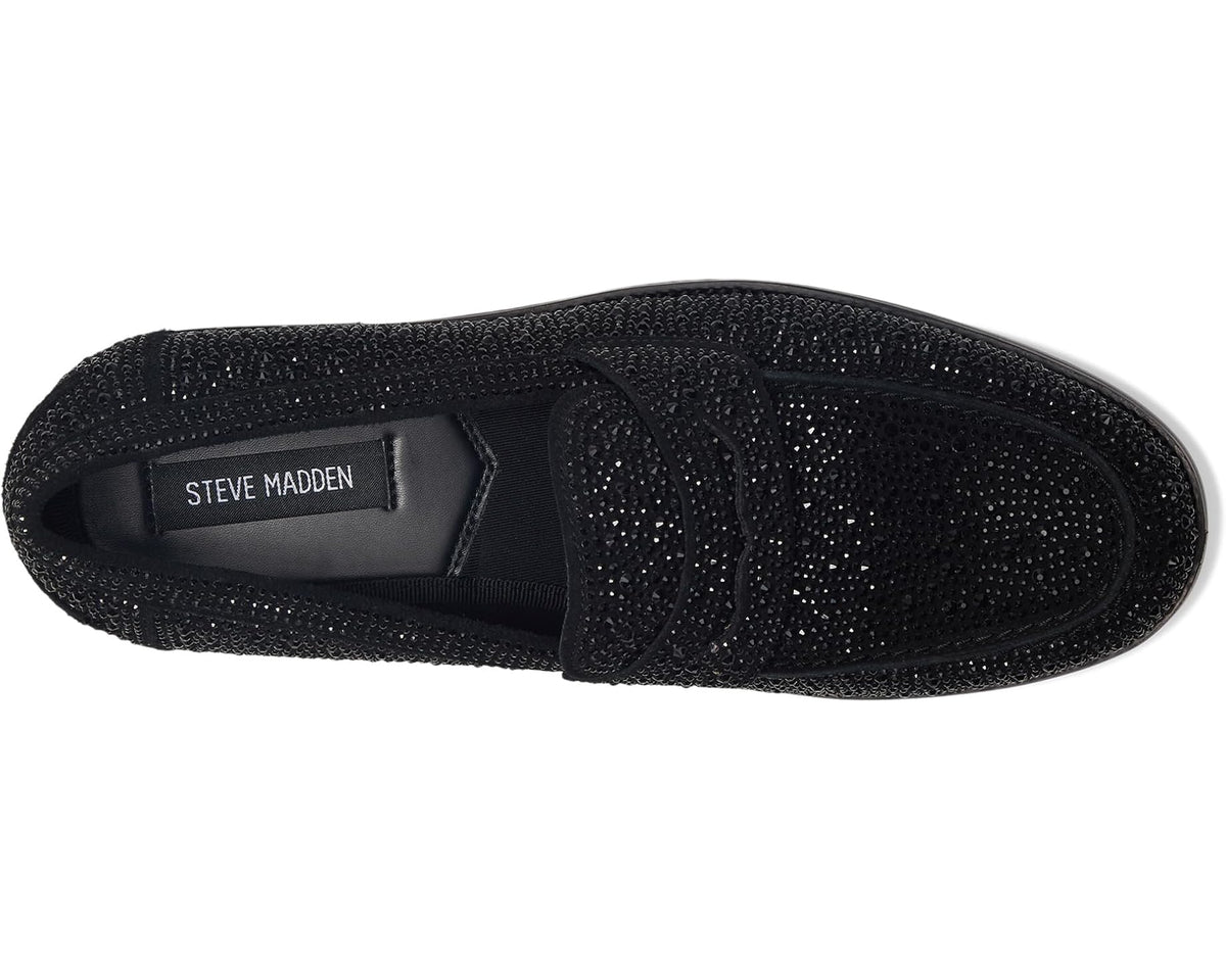 Men's Steve Madden black rhinestone loafers, logo insole side view