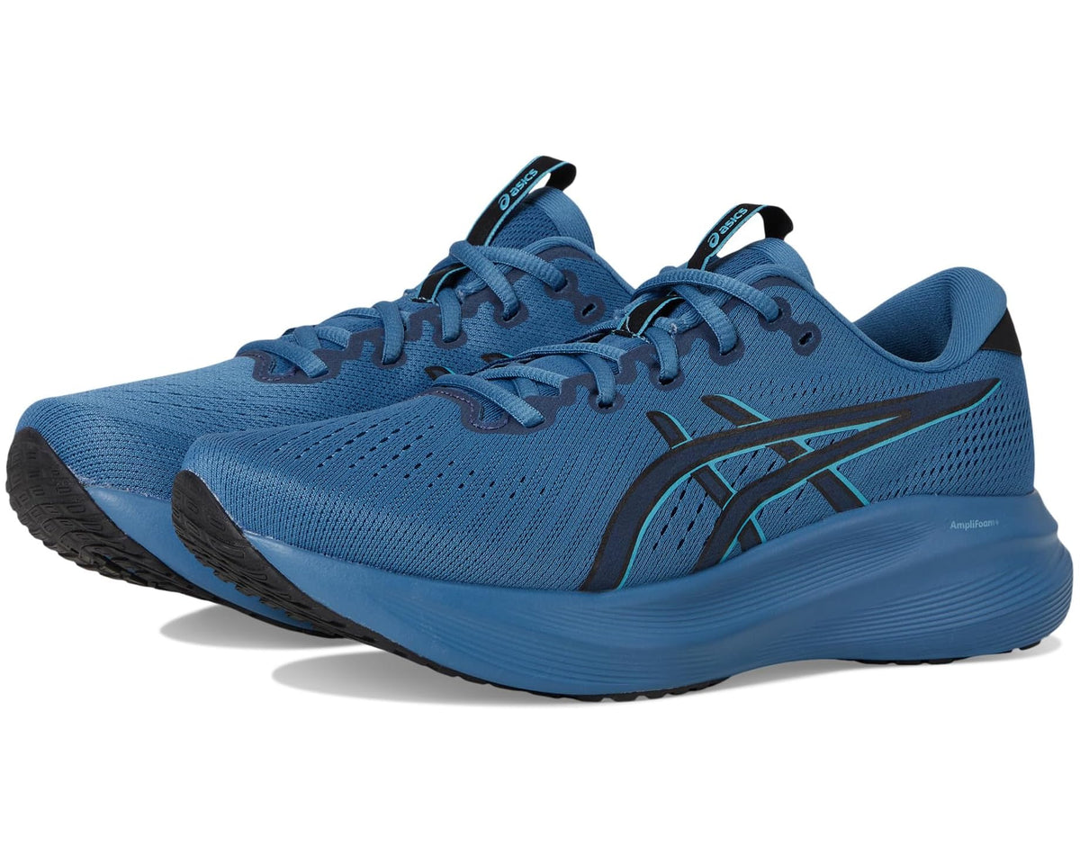 Men's blue running shoe with black accents, lace-up design, and cushioned sole