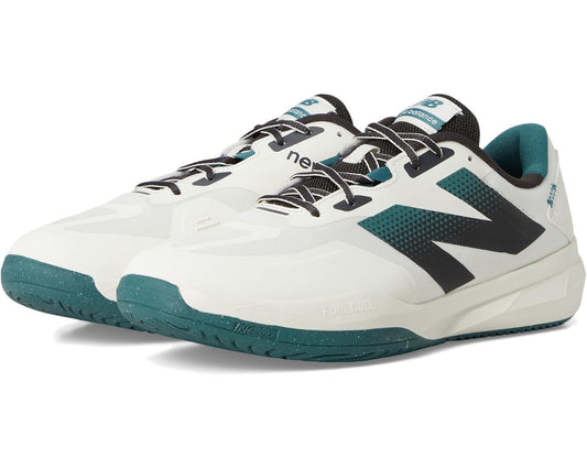 Men's tennis shoe in sea-salt white with teal mesh, black accents, and teal outsole