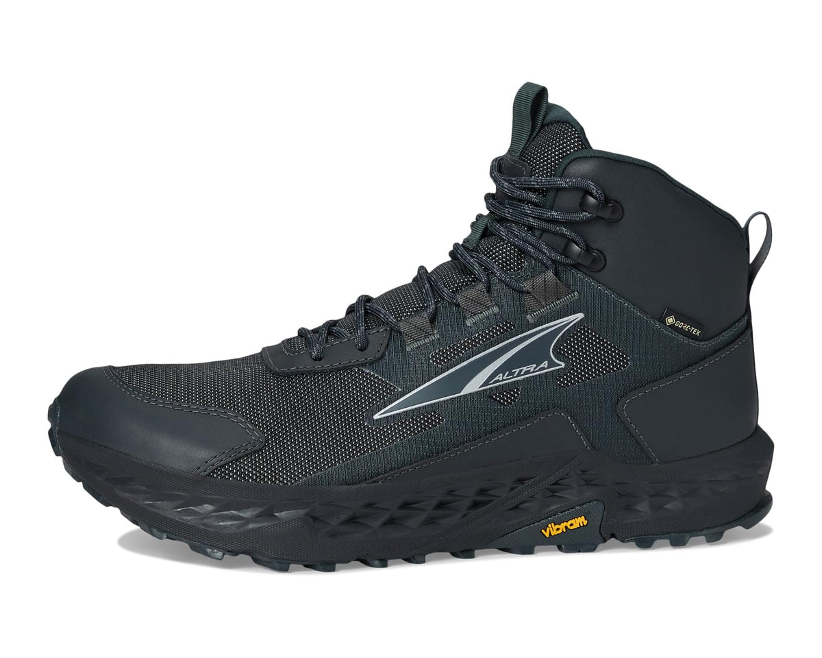 Black lace-up mid-top hiking boot with visible Altra logo and orange accents