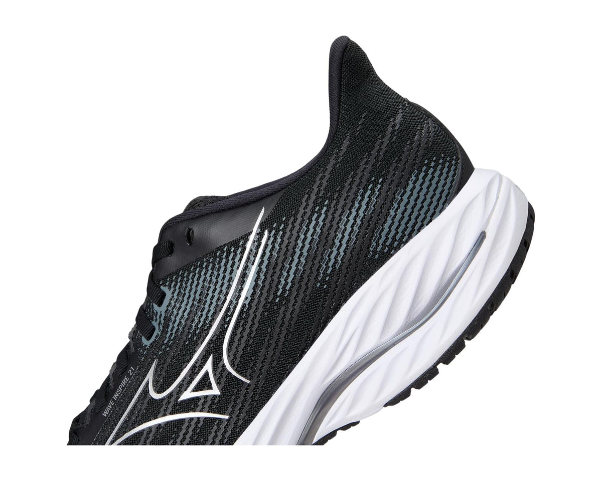 Men's black Mizuno running shoe side panel with silver stripe detail and white sole.