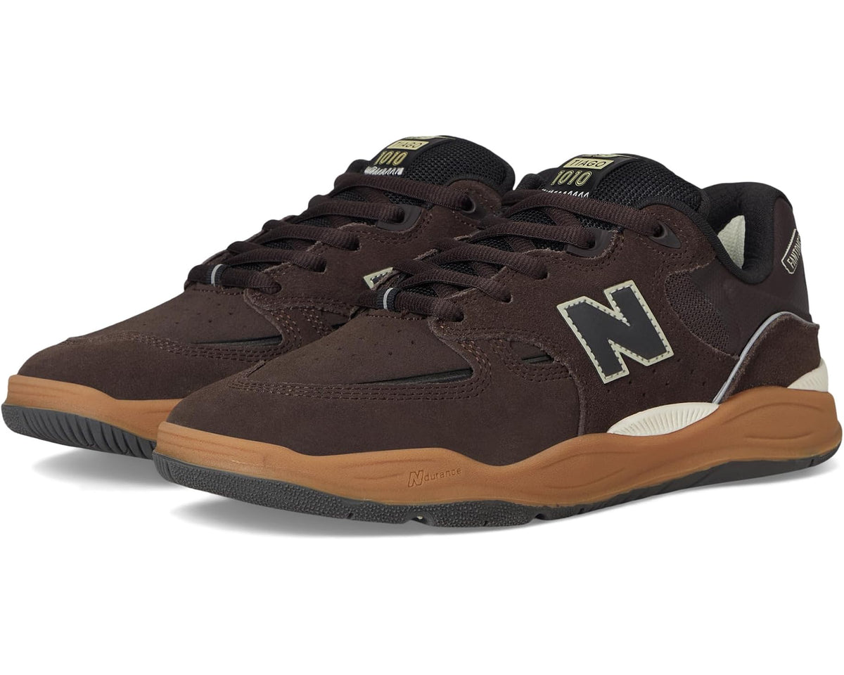 Brown New Balance 1010 suede skate shoe, lace-up with large N logo and tan gum sole.