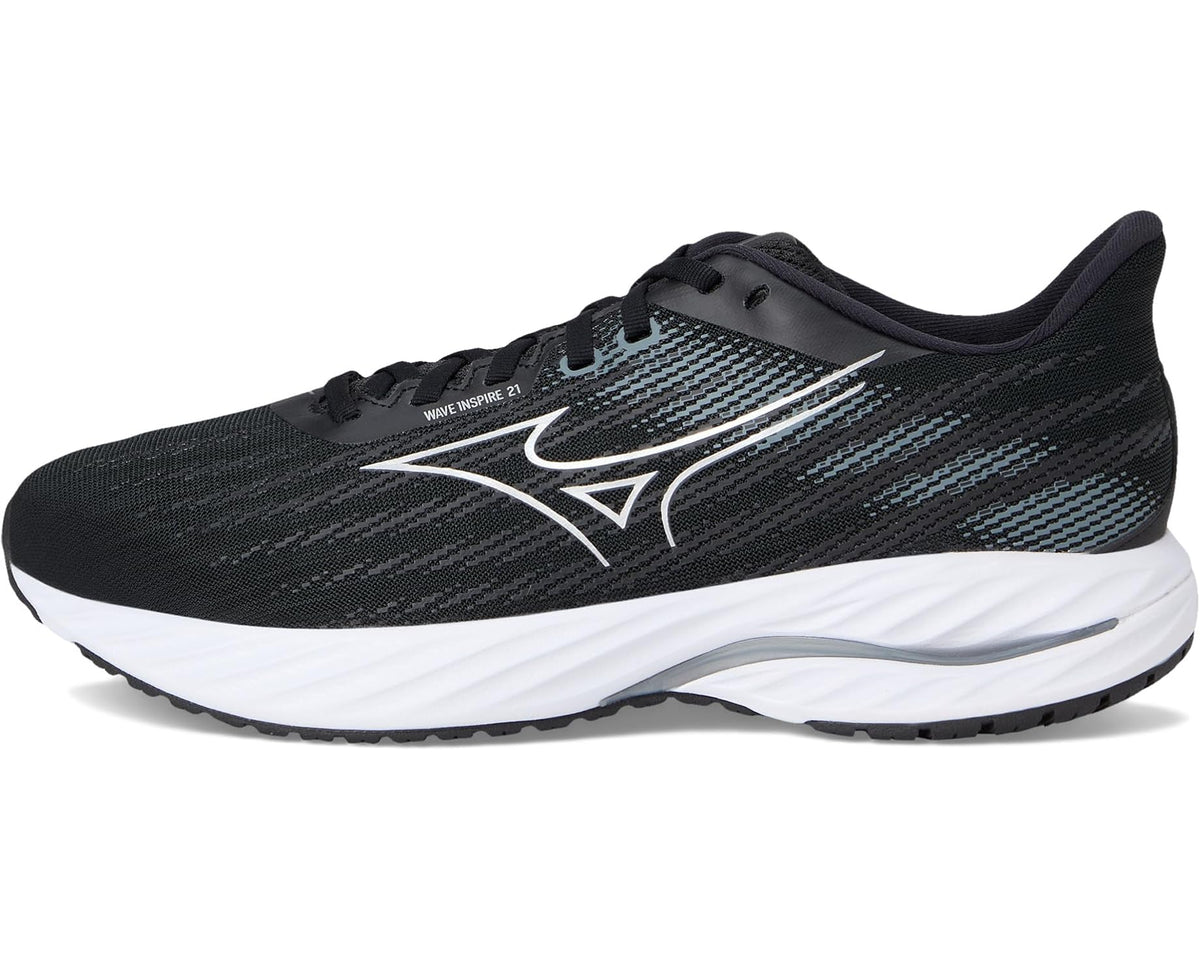 Men's Mizuno Wave Inspire 21 running shoes, black with silver stripe design.