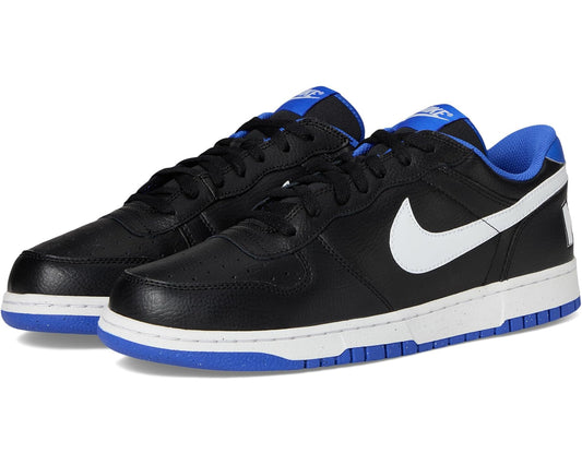 Men's Nike Big Low low-top sneakers in black with white Swoosh and blue accents.