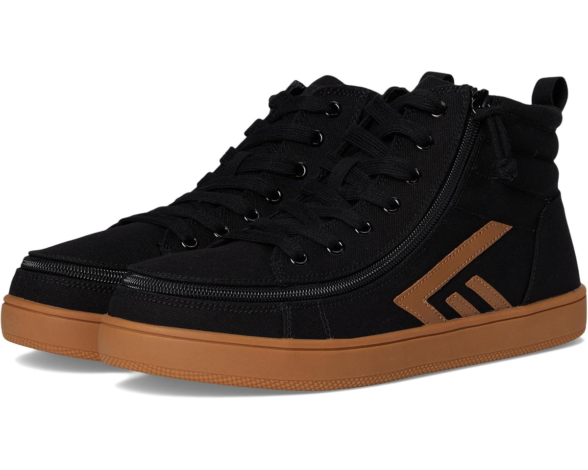 Men's high top casual shoes, black canvas with lace-up and side zipper, gum rubber sole