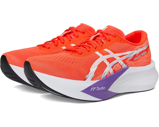 ASICS men's running shoe in Flash Red with white and purple accents, lace-up.