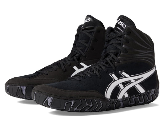 Men's ASICS Aggressor 5 black high-top sneakers with white stripes and lace-up closure