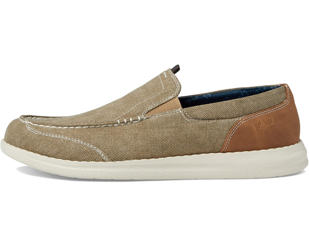 Stone canvas moccasin toe venetian slip-on with contrast heel panel