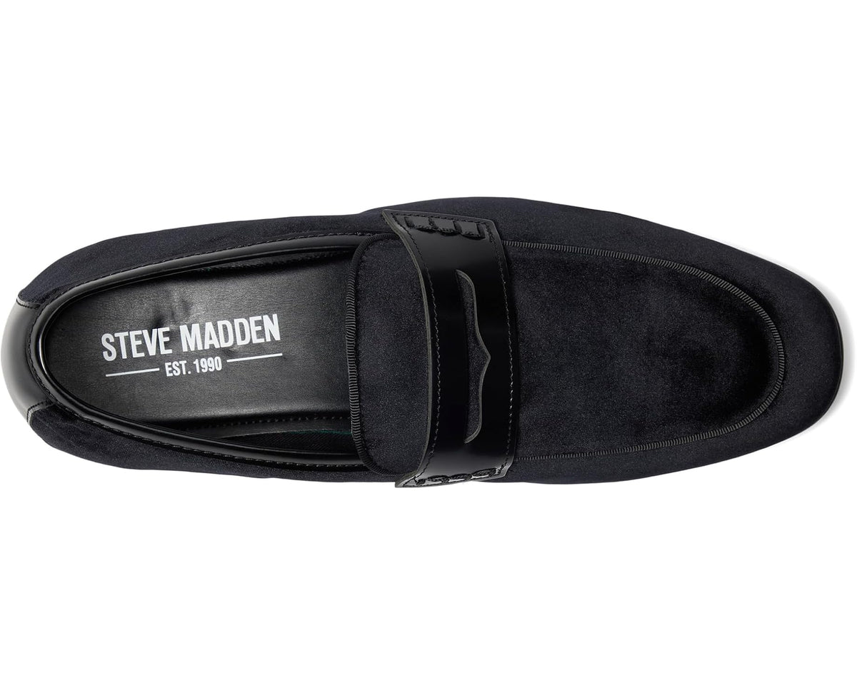 Black suede loafer with strap and STEVE MADDEN logo on insole