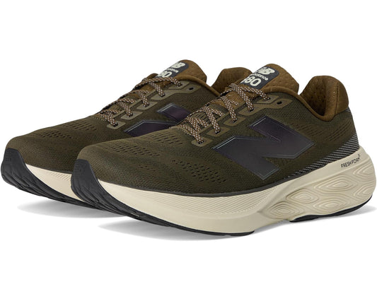 New Balance men's running shoe: olive mesh, purple accents, beige Fresh Foam sole
