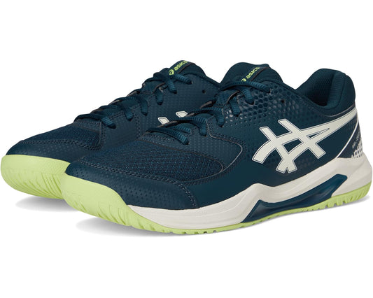 Men's ASICS pickleball shoes in dark teal with white accents and lime-green outsole