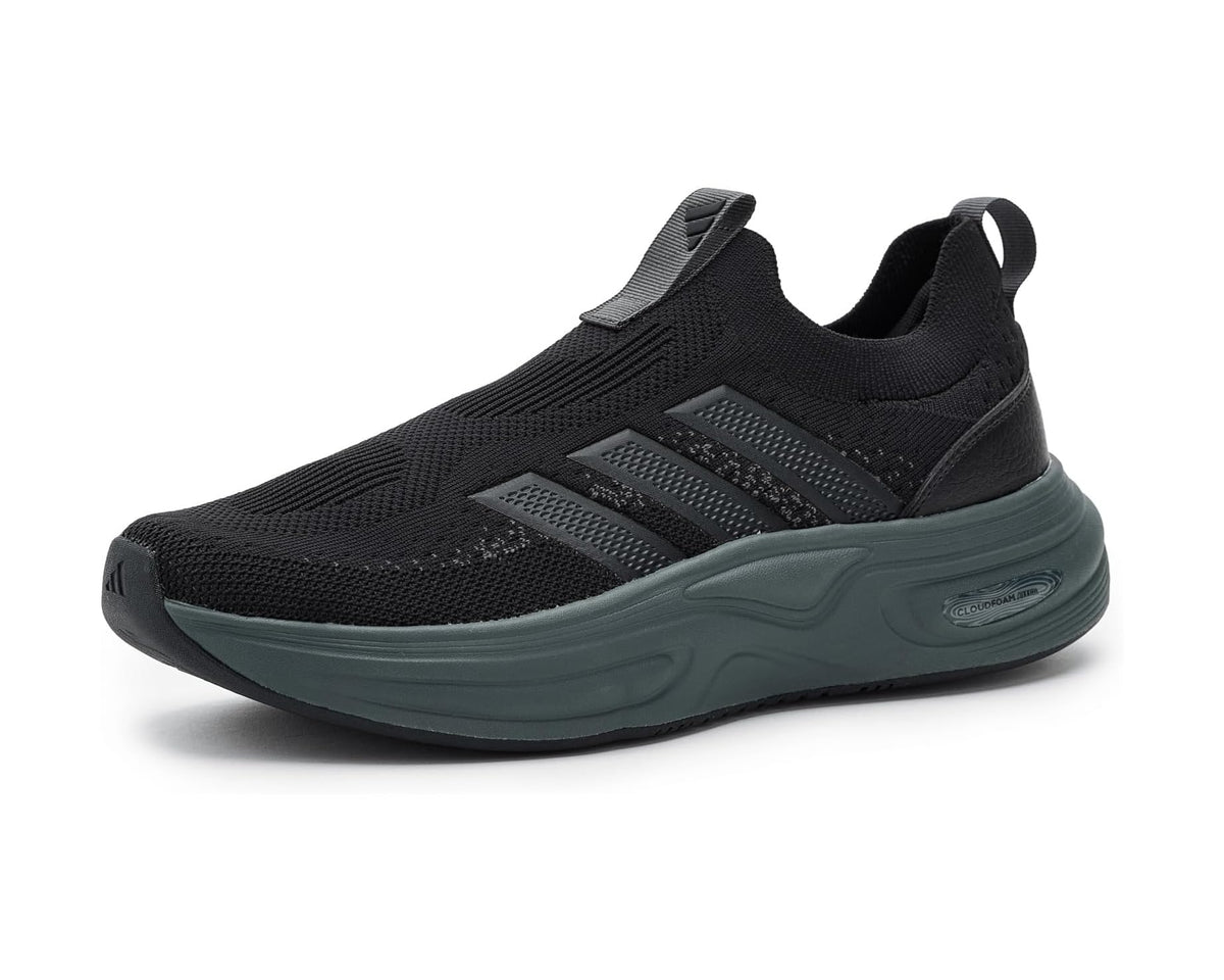 Men's knit sock shoes in black with grey stripe details and cushioned teal sole