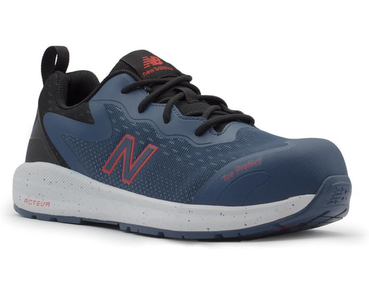 Men's New Balance safety sneaker with dark blue upper, red N, black laces, white sole