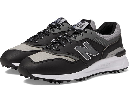Men's New Balance golf shoes, black with gray panels and lace-up design.