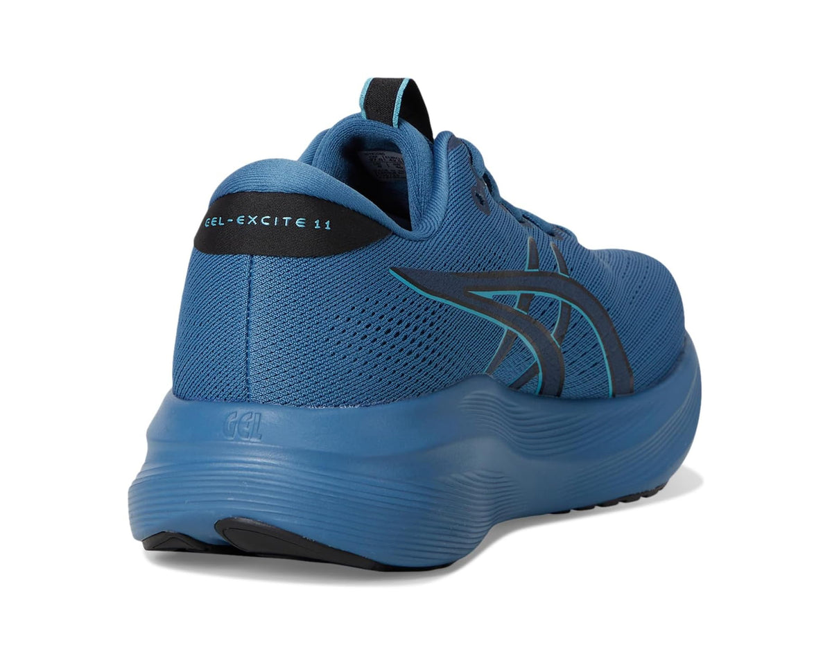 Men's blue running shoe heel view with black trim and thick blue midsole