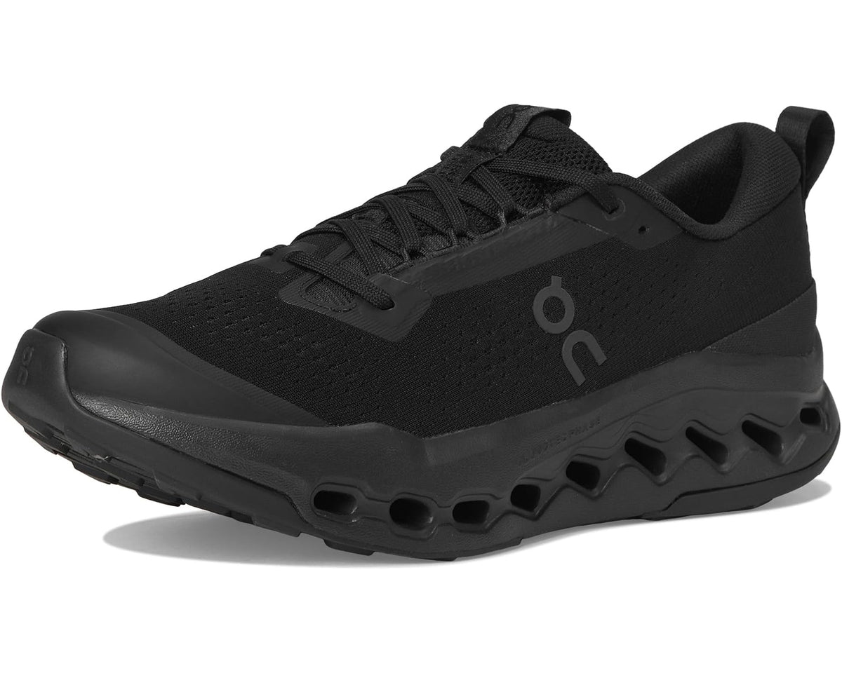 Black men's trail running shoe with lace-up front and sculpted sole pods
