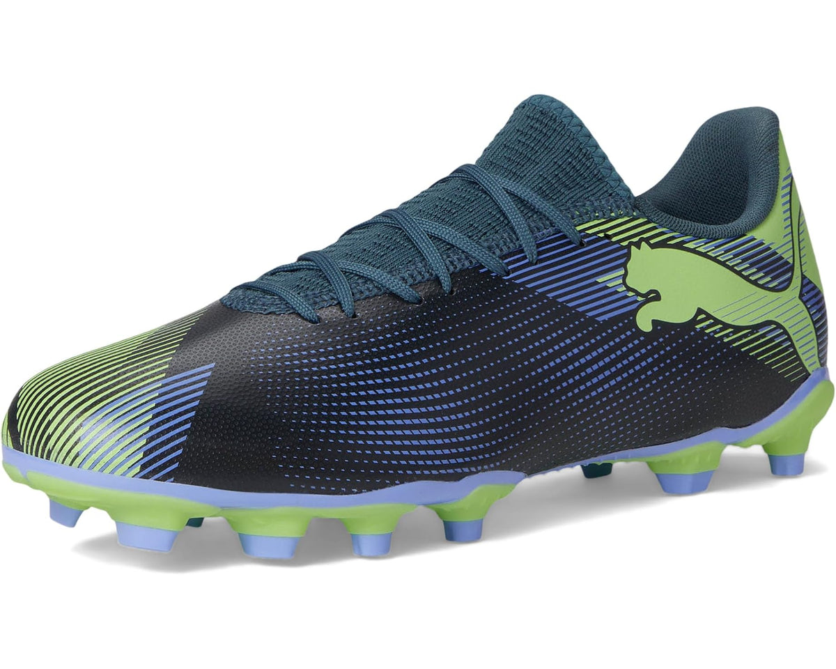 PUMA men's soccer cleats, angled view with dark blue upper, neon green side stripes