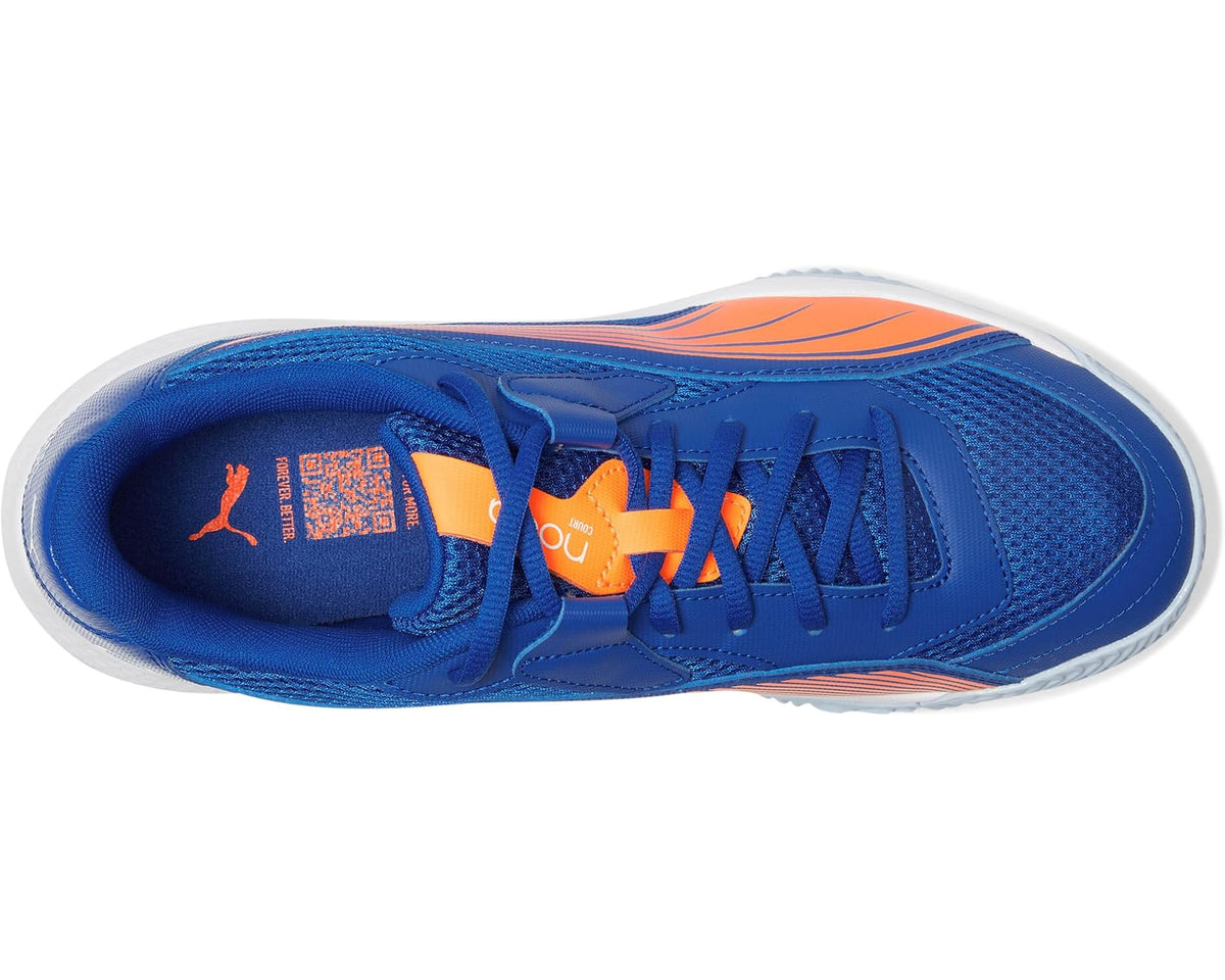 PUMA Nova Court pickleball shoes, blue upper with orange heel lining and laces