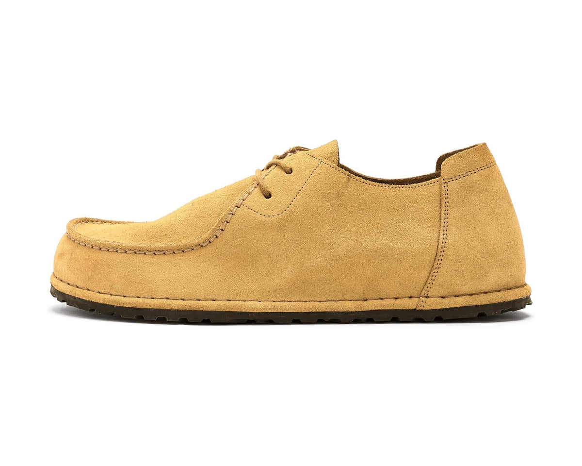 Men's cork brown suede lace-up shoe with low profile, textured rubber sole