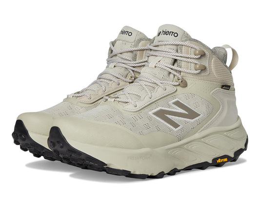 Men's mid-top hiking shoe, light beige mesh, lace-up, with black Vibram outsole