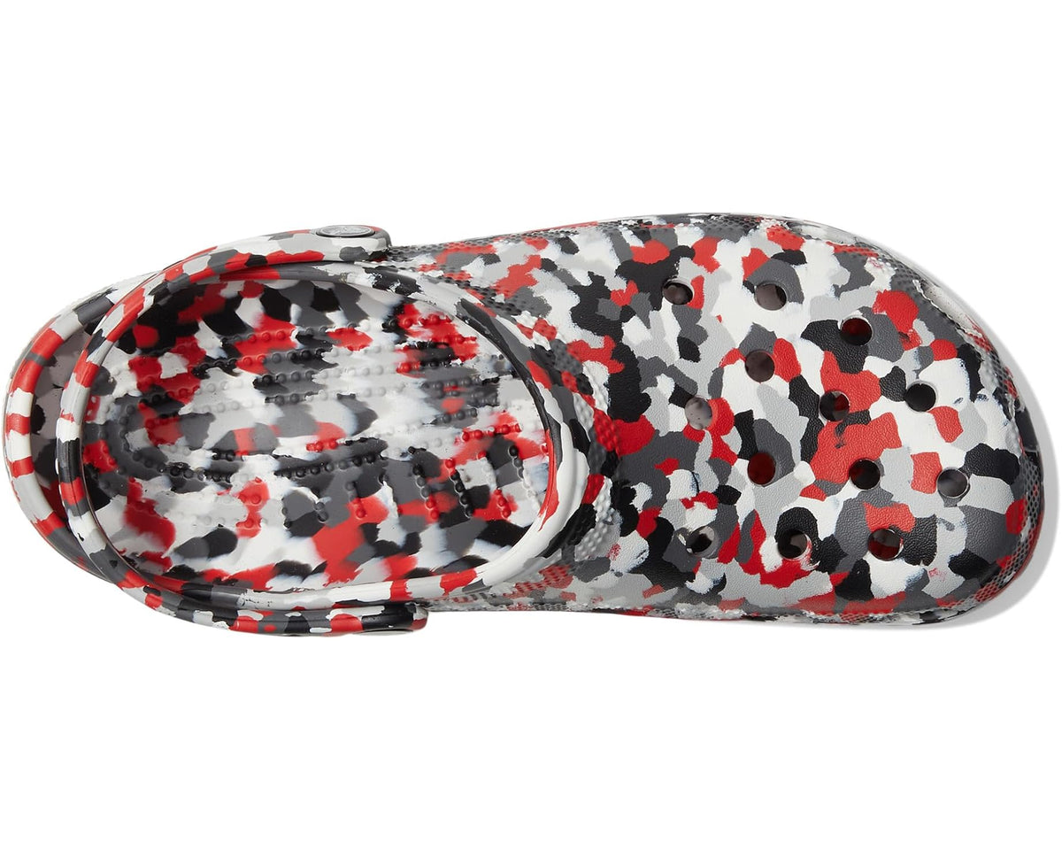 Crocs unisex graphic clogs, side view, white black red camo print