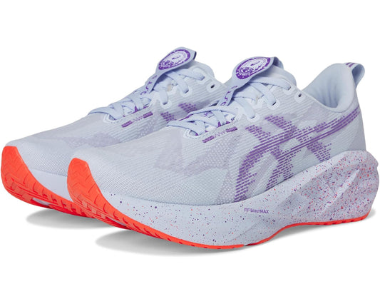 Men's ASICS running shoe in light blue with purple print and red-speckled midsole