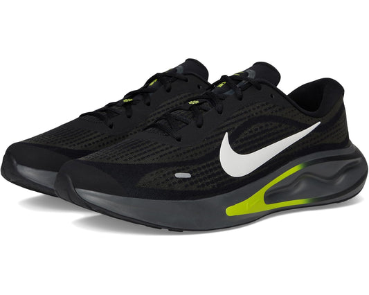Men's Nike Journey running shoes, black mesh with white swoosh and neon green accents