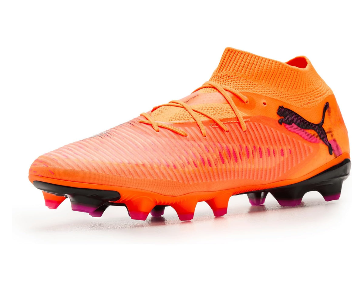 PUMA men's soccer cleats, orange gradient upper with black PUMA logo and molded studs