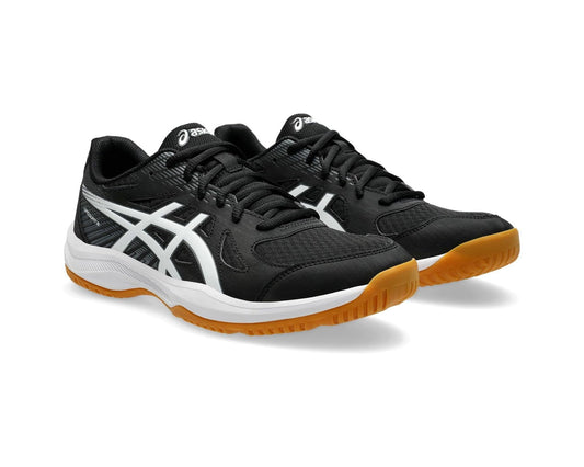 Men's ASICS Upcourt 6 volleyball shoe, black upper with white stripes and orange sole