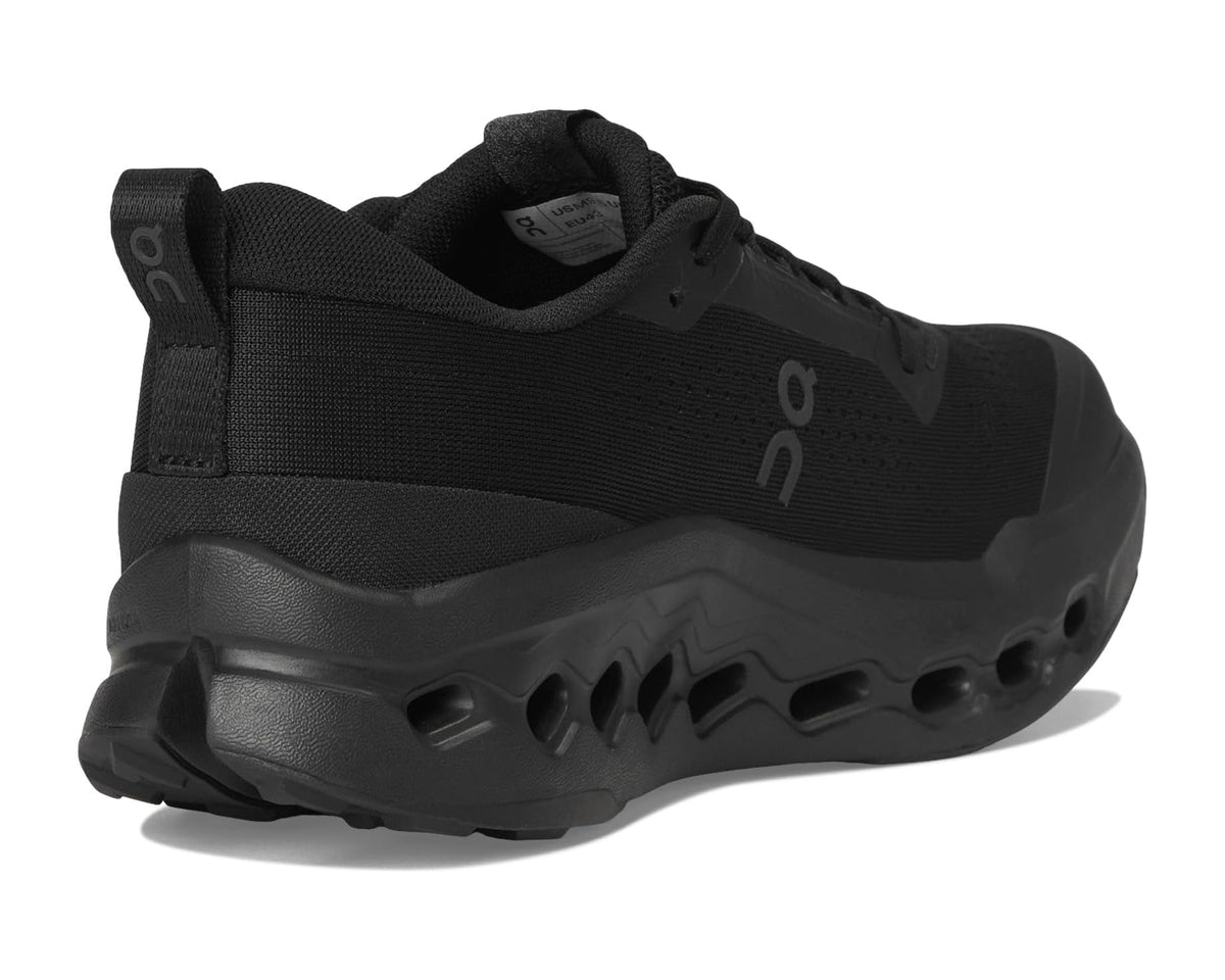 Black men's trail shoe with padded collar, heel tab, and segmented outsole