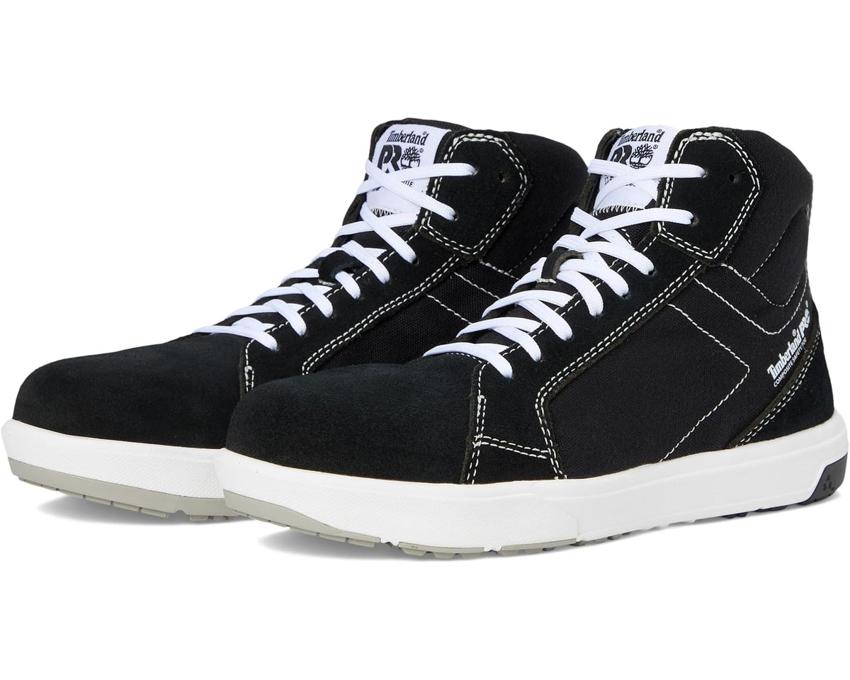 Black high-top safety sneaker with white laces and Timberland PRO logo, white sole