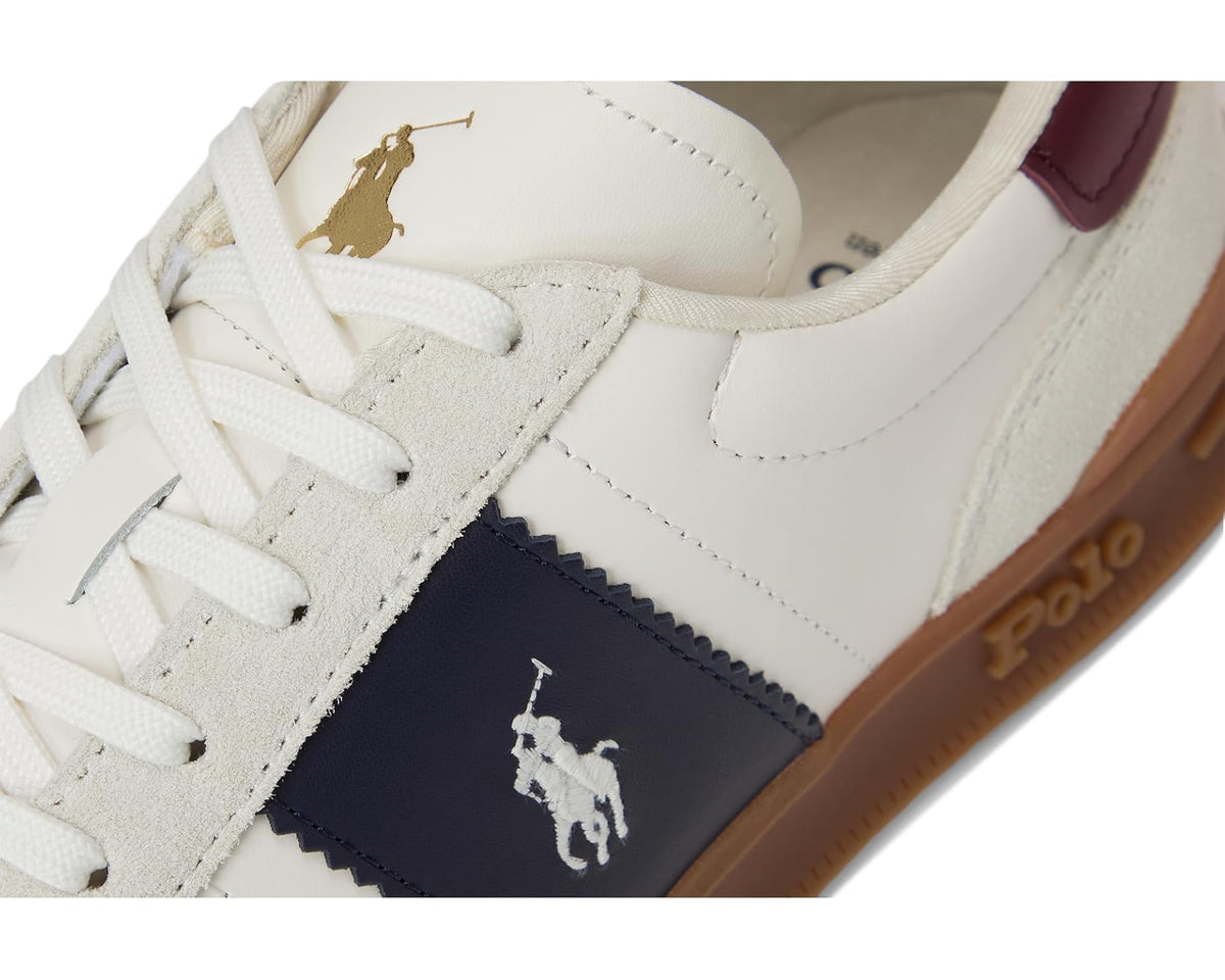 Men's Polo Ralph Lauren sneaker detail, white leather with navy suede panel and pony logo