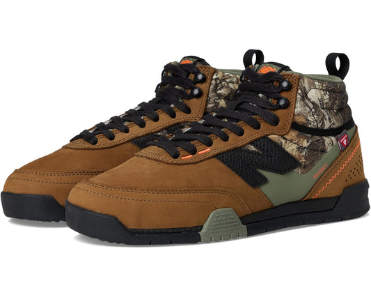 Men's high-top trail sneakers with tan suede, camo collar, black laces, rubber outsole