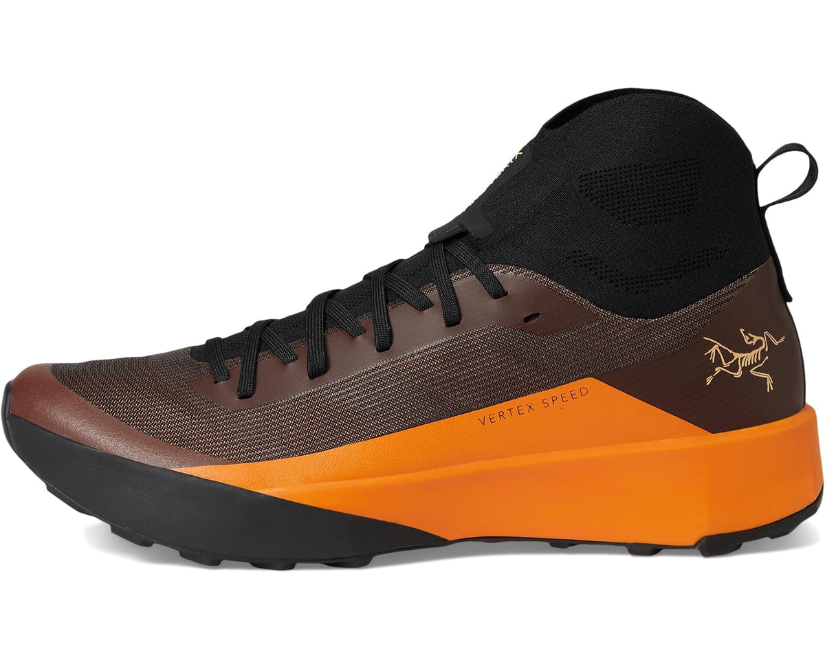 Men's Arc'teryx high-top trail shoes, black tongue and laces over brown upper, orange midsole