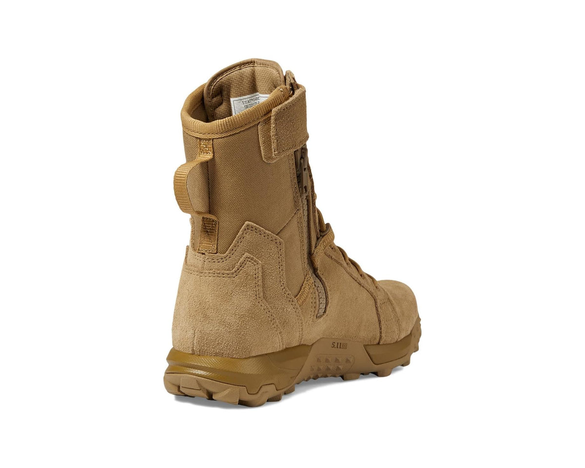 Men's coyote tan high-top tactical boots, heel and side profile with lace and zipper