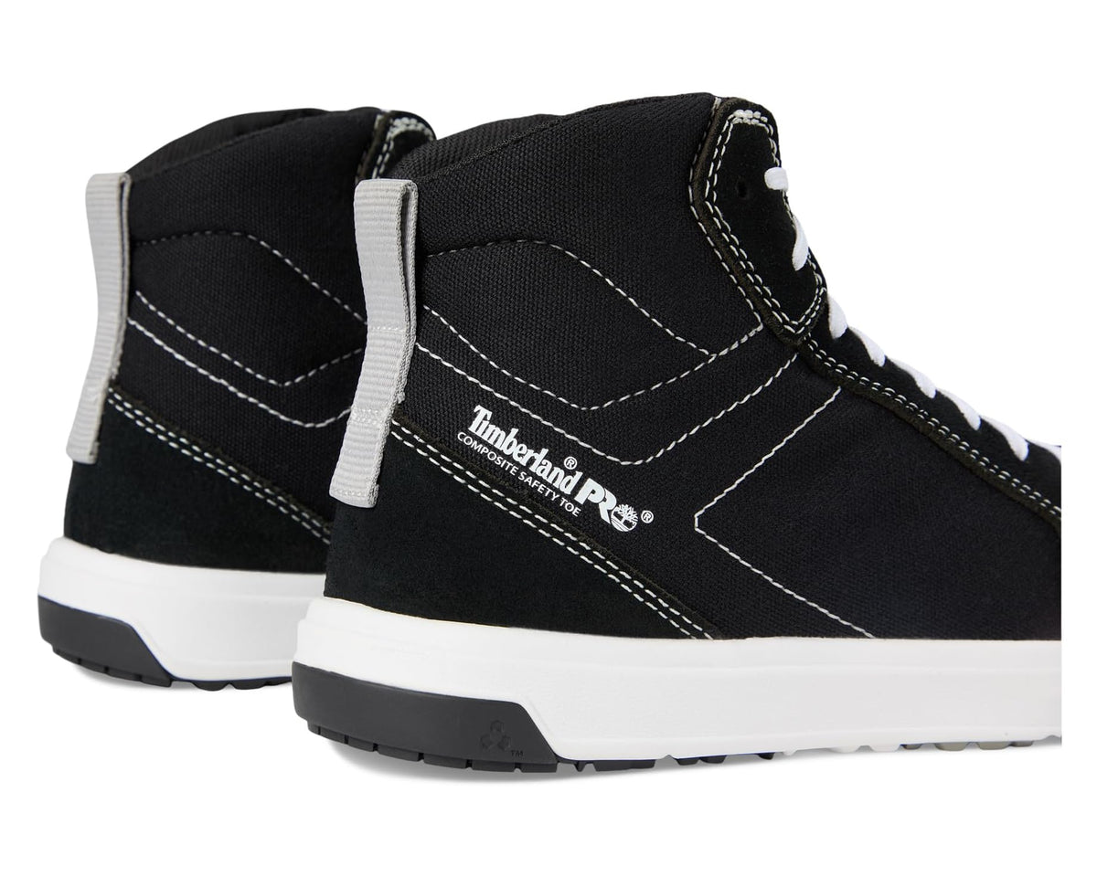 Black high-top safety sneaker with white heel pull strap and stitched seams