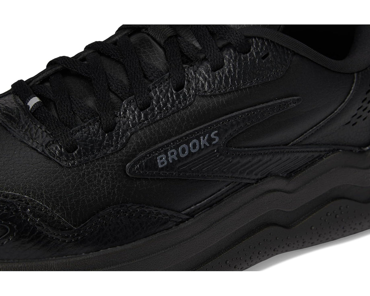 Close-up of black leather Brooks Ghost Max running shoe upper, laces and side logo