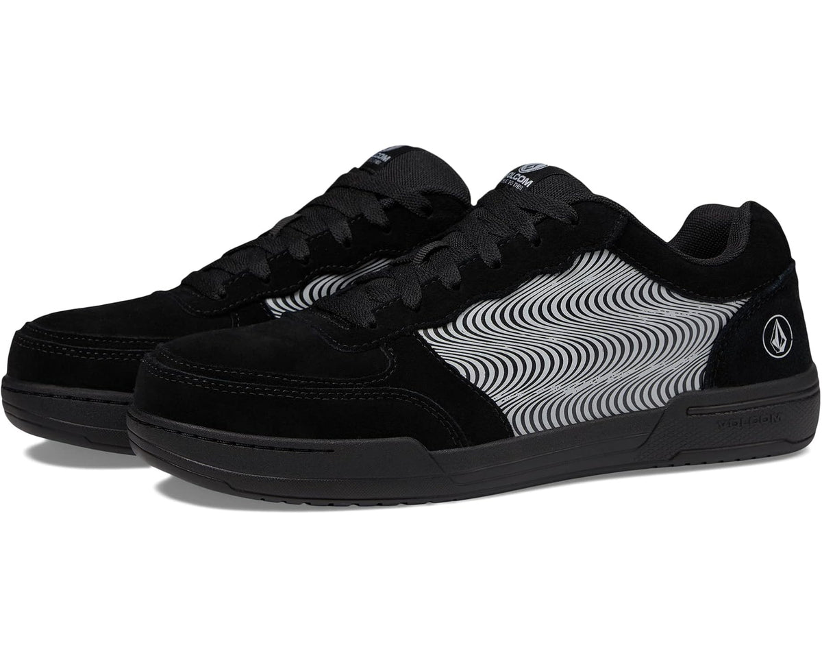Men's Volcom hybrid skate shoes in black with white wavy side stripe