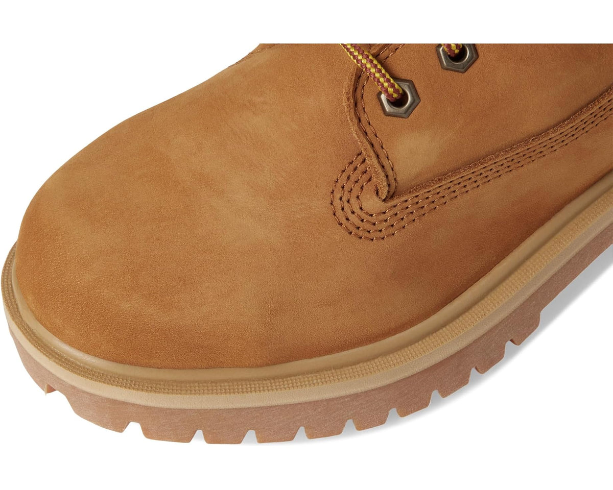 Wheat suede 6-inch work boot toe with lace-up eyelets and cushioned sole edge