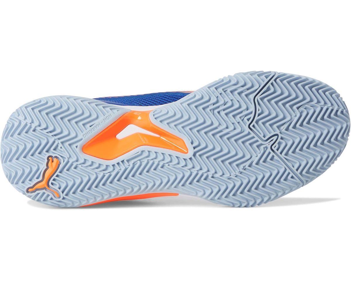 PUMA Nova Court pickleball shoes outsole, light blue with zigzag tread and orange detail