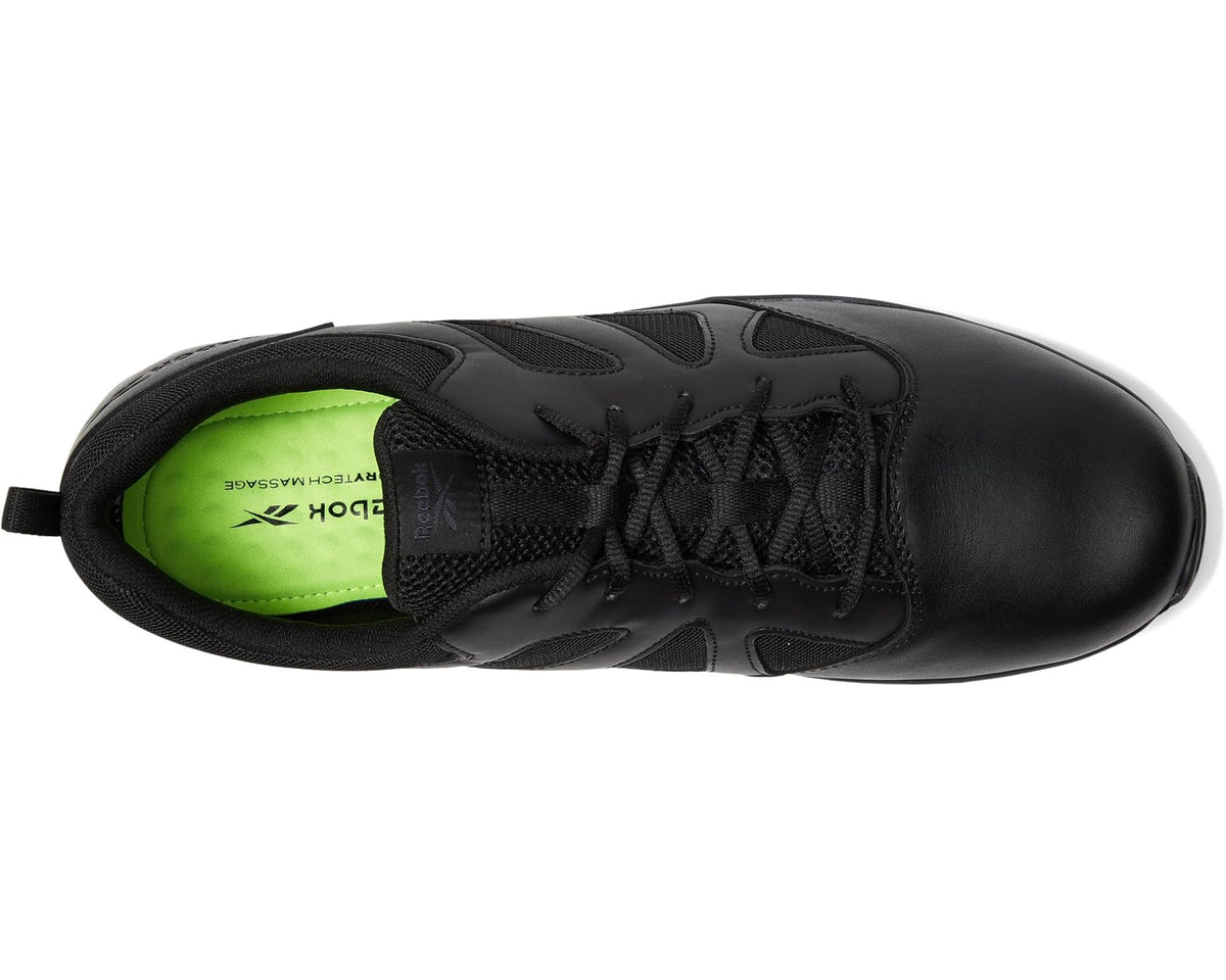 Black lace-up work shoes with mesh tongue and bright green cushioned lining