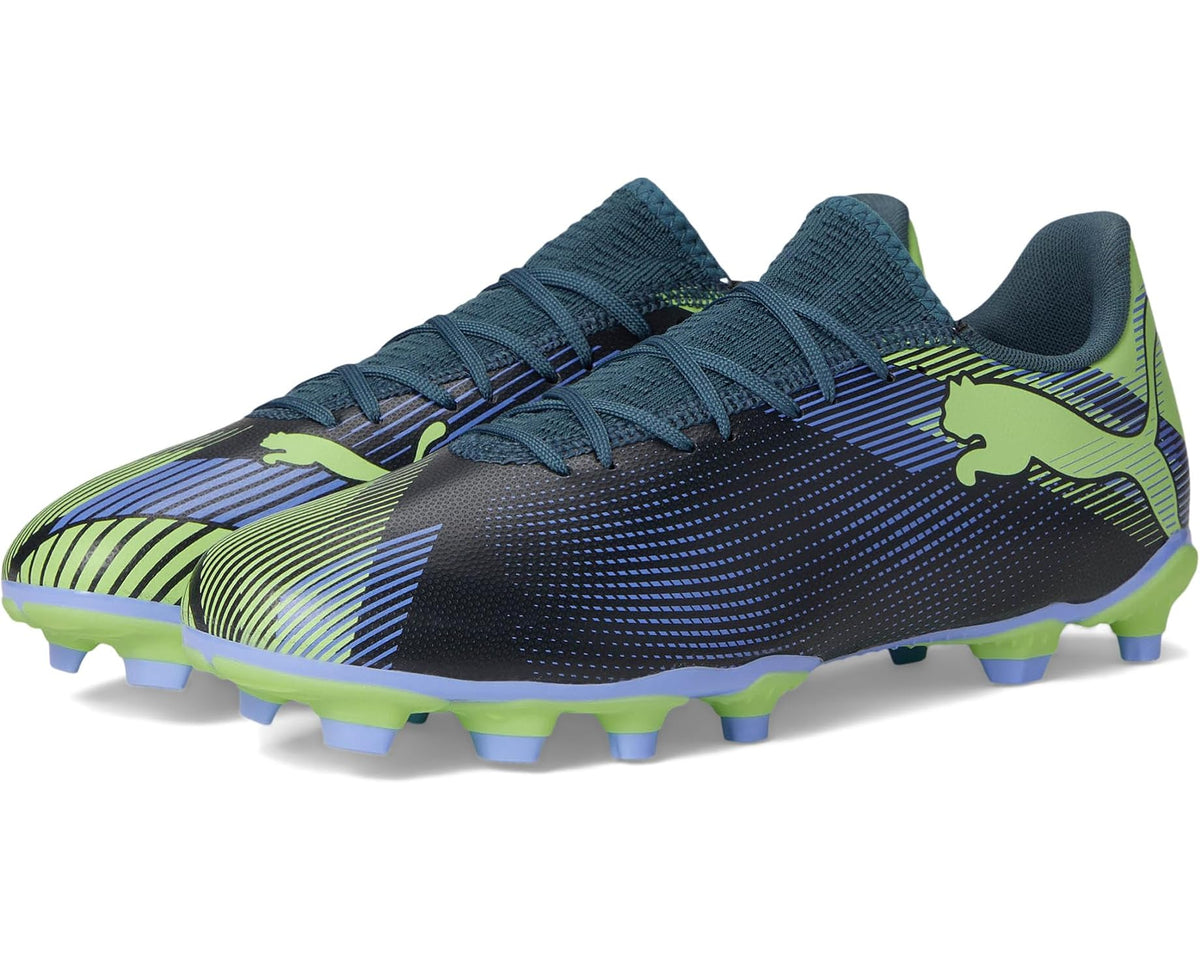 PUMA men's soccer cleats, dark navy/blue with neon green accents and blue laces