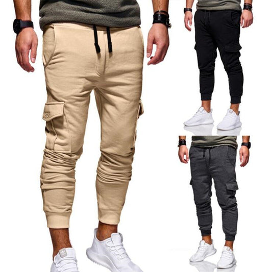 Men's cargo sweatpants, beige with drawstring and cargo pockets, cuffed jogger hems