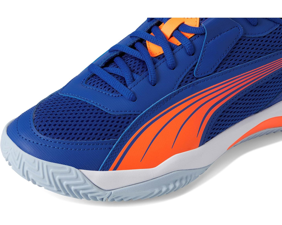 PUMA Nova Court pickleball shoes side view, blue mesh with orange center stripe