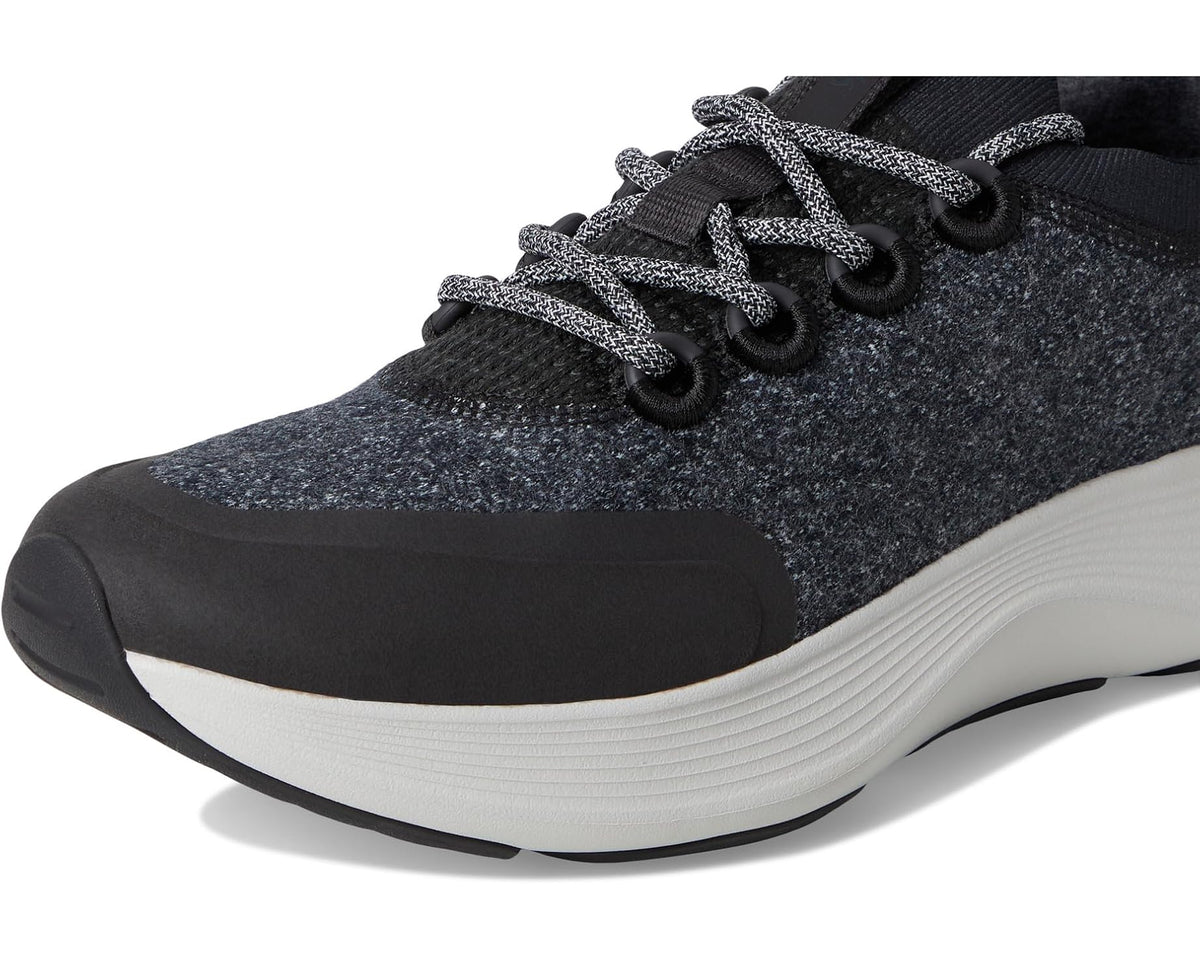 Dark grey speckled knit upper lace-up sneaker with black toe cap and white midsole